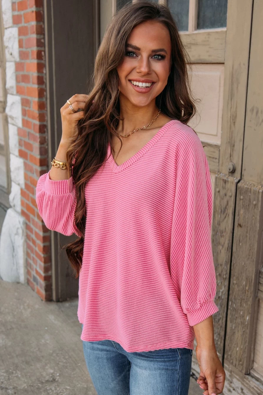 Shewin Women's Ribbed Striped V-Neck Bracelet Sleeve Top in Strawberry Pink
