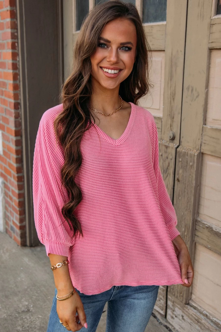 Shewin Women's Ribbed Striped V-Neck Bracelet Sleeve Top in Strawberry Pink