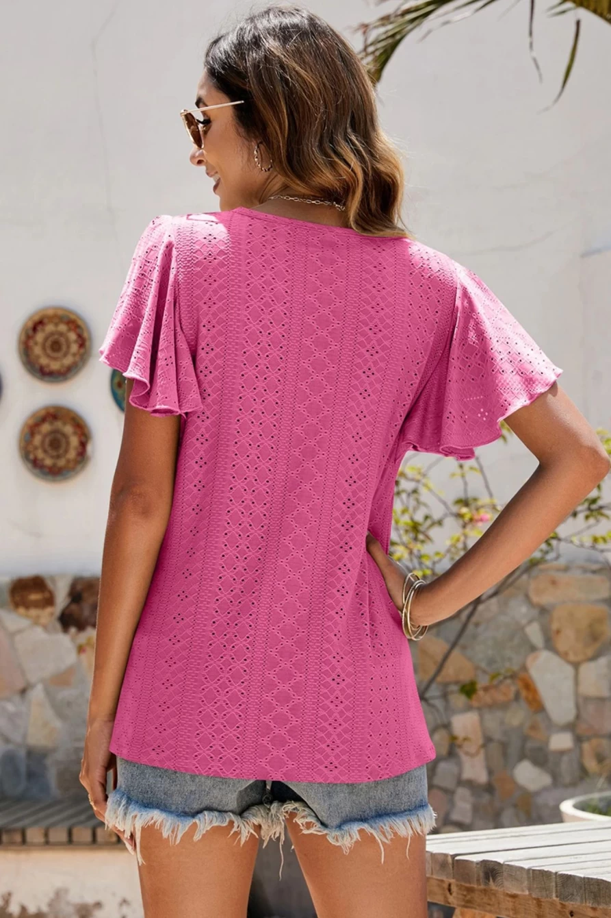 Shewin Women's Rose Casual Flounce Sleeve Eyelet Blouse - Feminine Lace Top