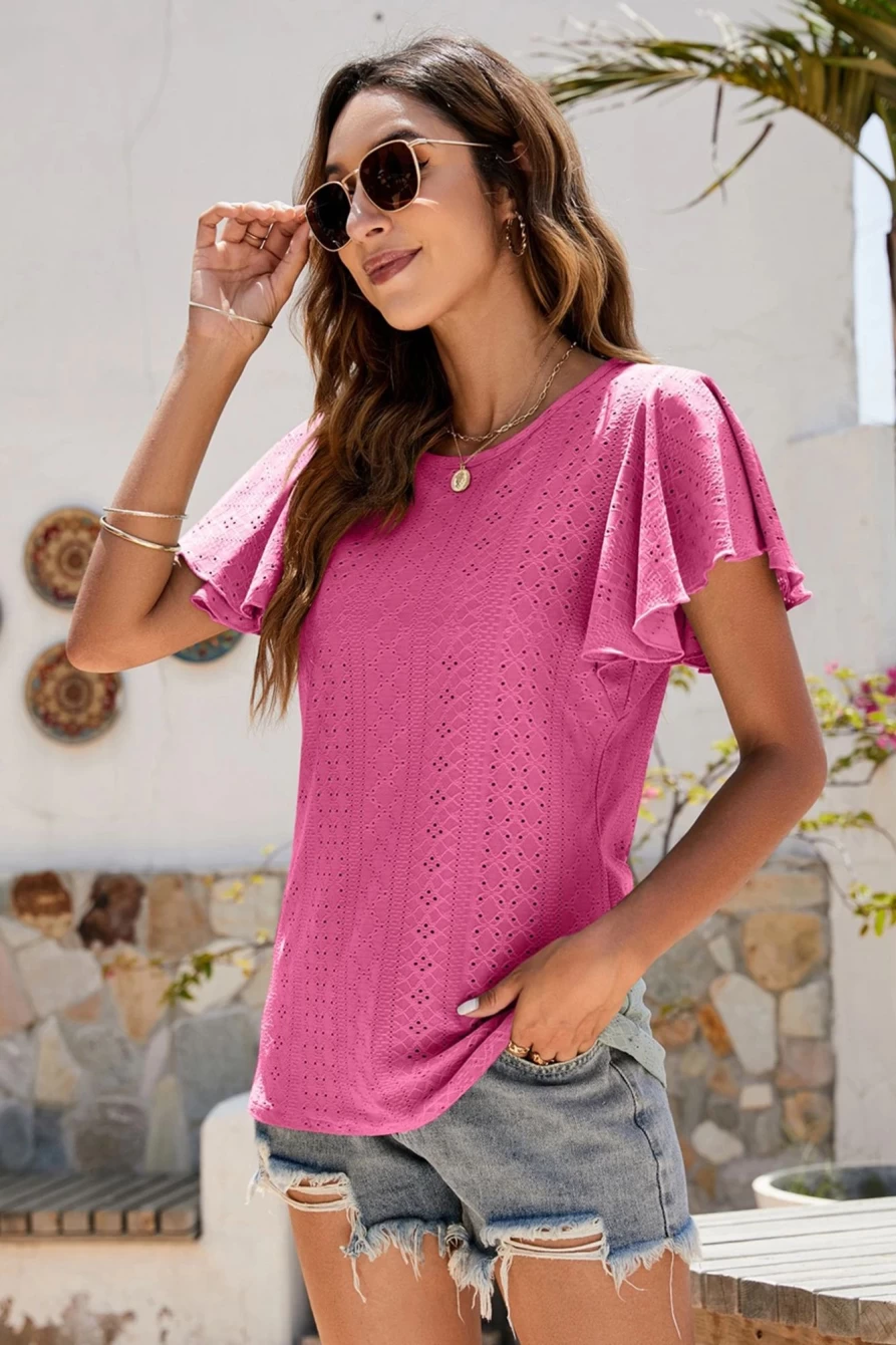 Shewin Women's Rose Casual Flounce Sleeve Eyelet Blouse - Feminine Lace Top