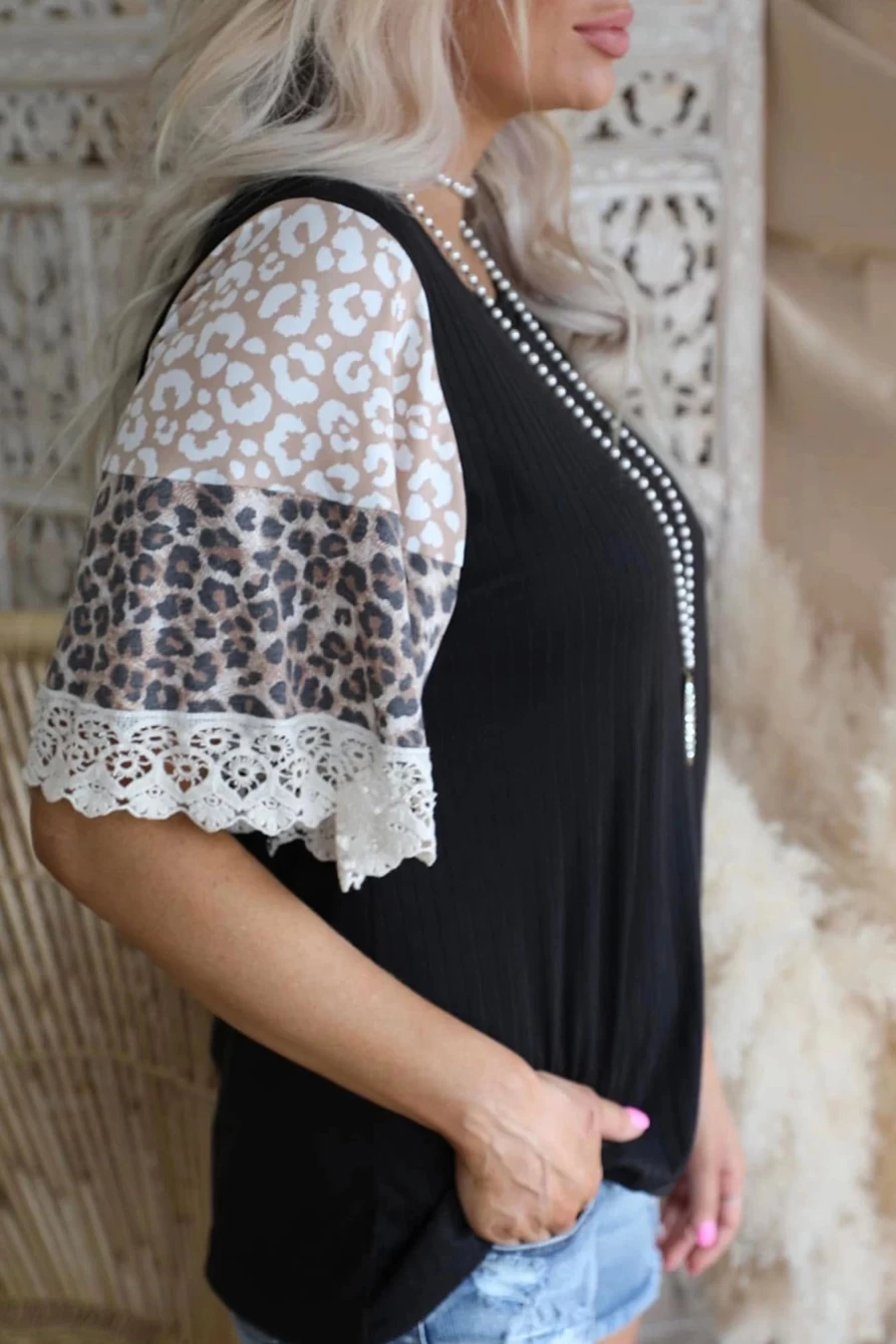 Shewin Women's Black Leopard Print Lace Splicing Patchwork Ribbed Knit Top Casual