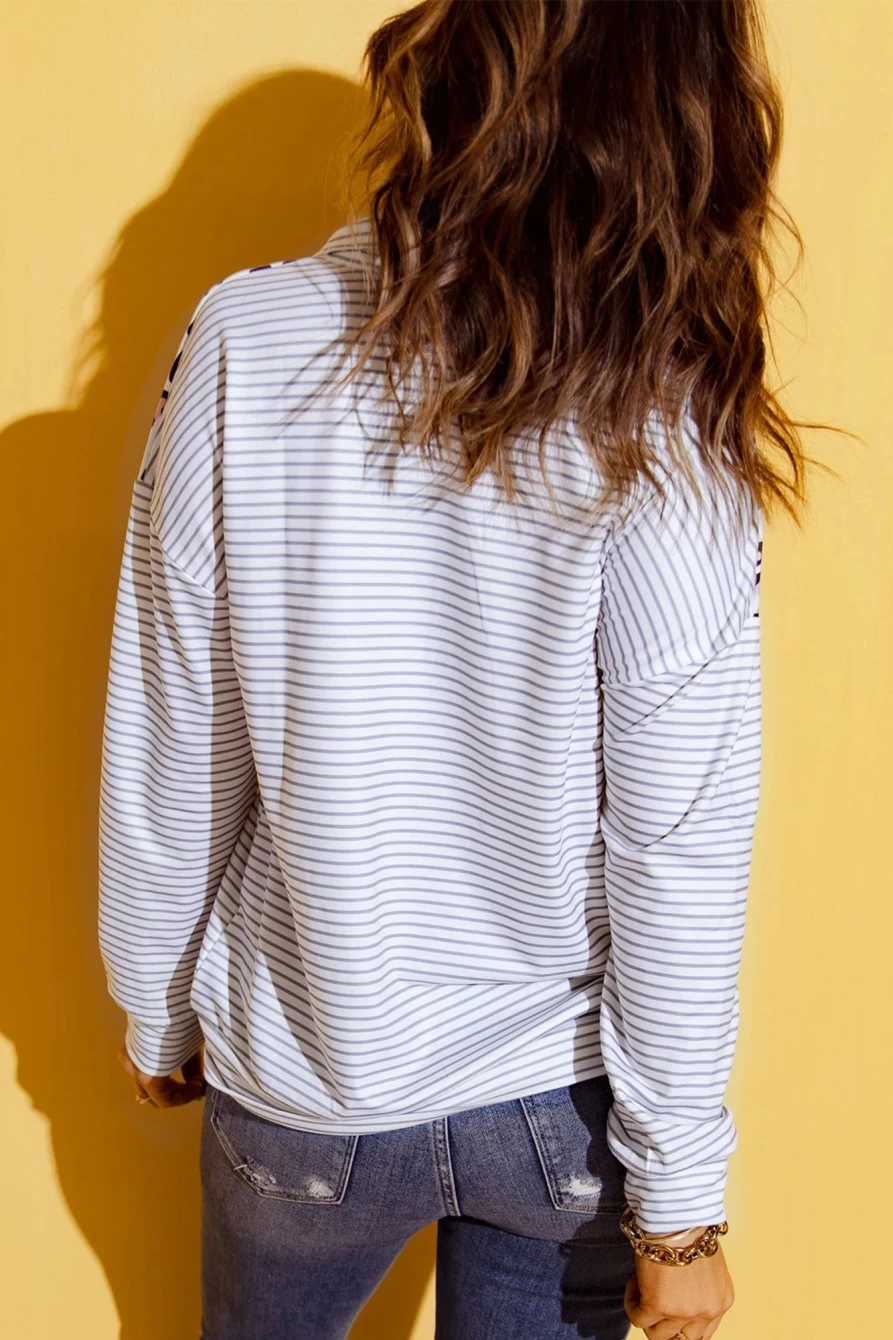 Shewin Women's Striped Pullover Sweatshirt with Leopard Print Zipper Front