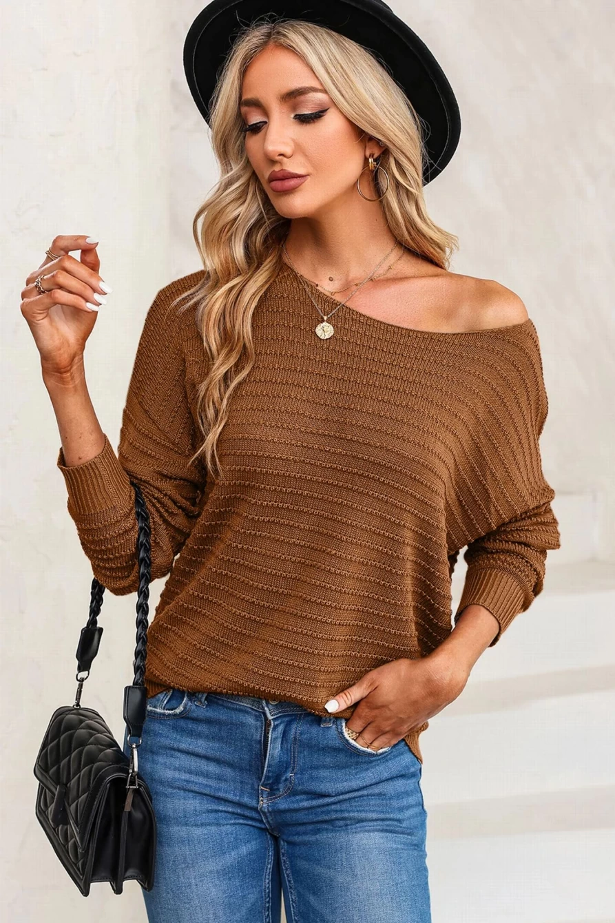 Shewin Women's Brown Textured Knit Dolman Sleeve Round Neck Sweater