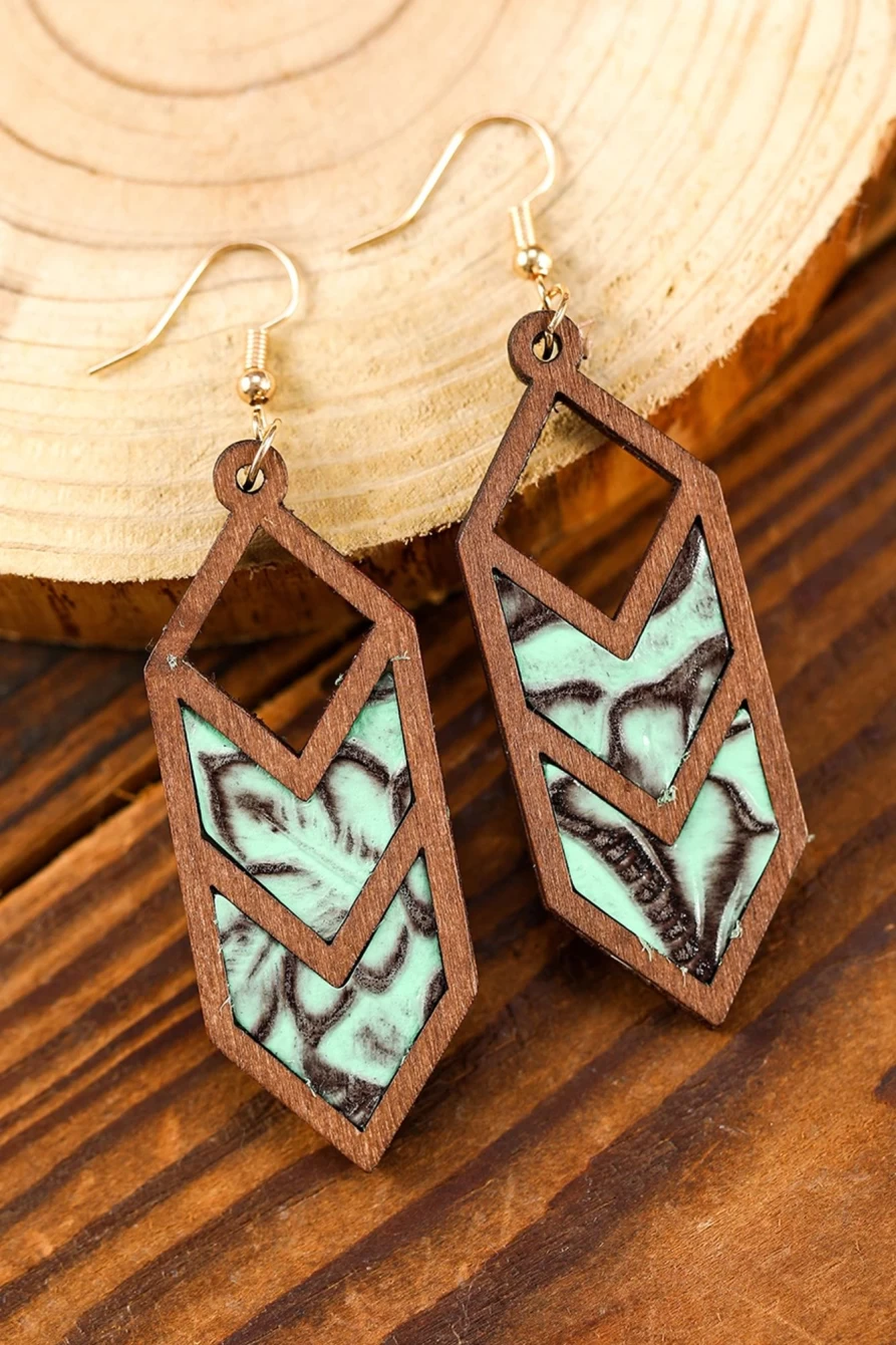 Shewin Mint Green Animal Print Wooden Hollow Earrings for Women - Bohemian Dangle Statement Jewelry