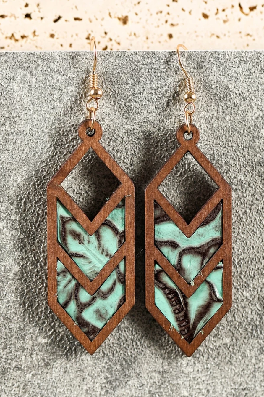 Shewin Mint Green Animal Print Wooden Hollow Earrings for Women - Bohemian Dangle Statement Jewelry