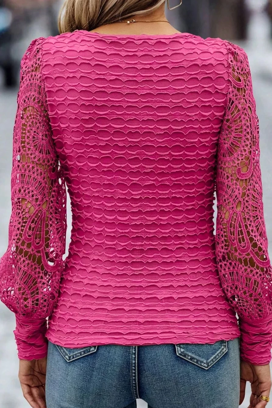 Shewin Women's Rose Red Lace Blouse with Lantern Sleeves & Frill Details