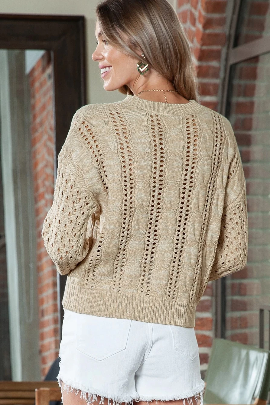 Shewin Women's Khaki Cable Knit Drop Shoulder Sweater with Eyelet Detail