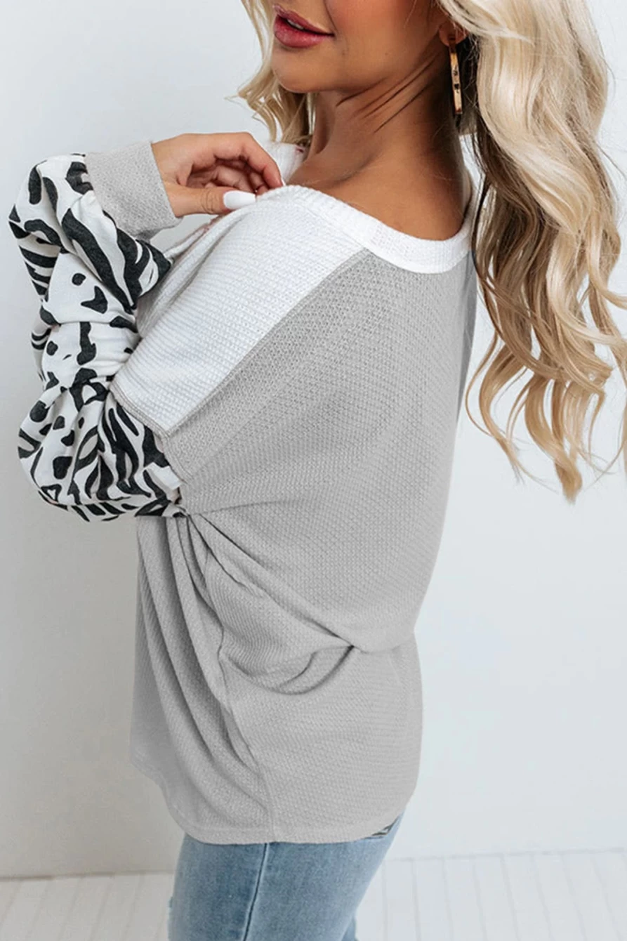 Shewin Women's Light Grey Waffle Knit Henley Top with Leopard Sleeve Patchwork Design