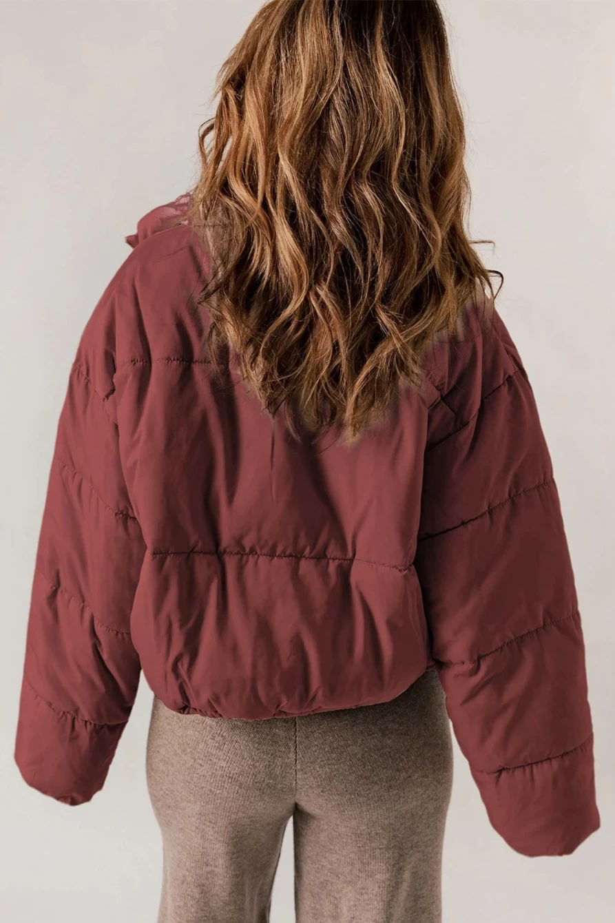 Women's Shewin Biking Red Zip-Up Puffer Coat with Drawstring Hem and Pockets