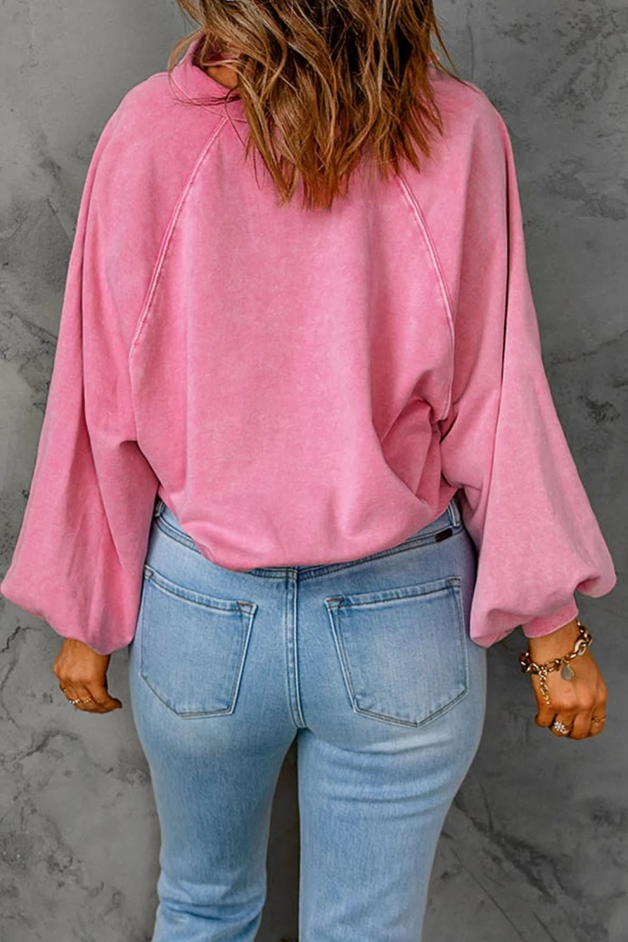 Women's Pink Casual Washed Snap Button Pullover Sweatshirt by Shewin