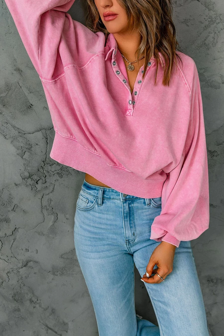 Women's Pink Casual Washed Snap Button Pullover Sweatshirt by Shewin