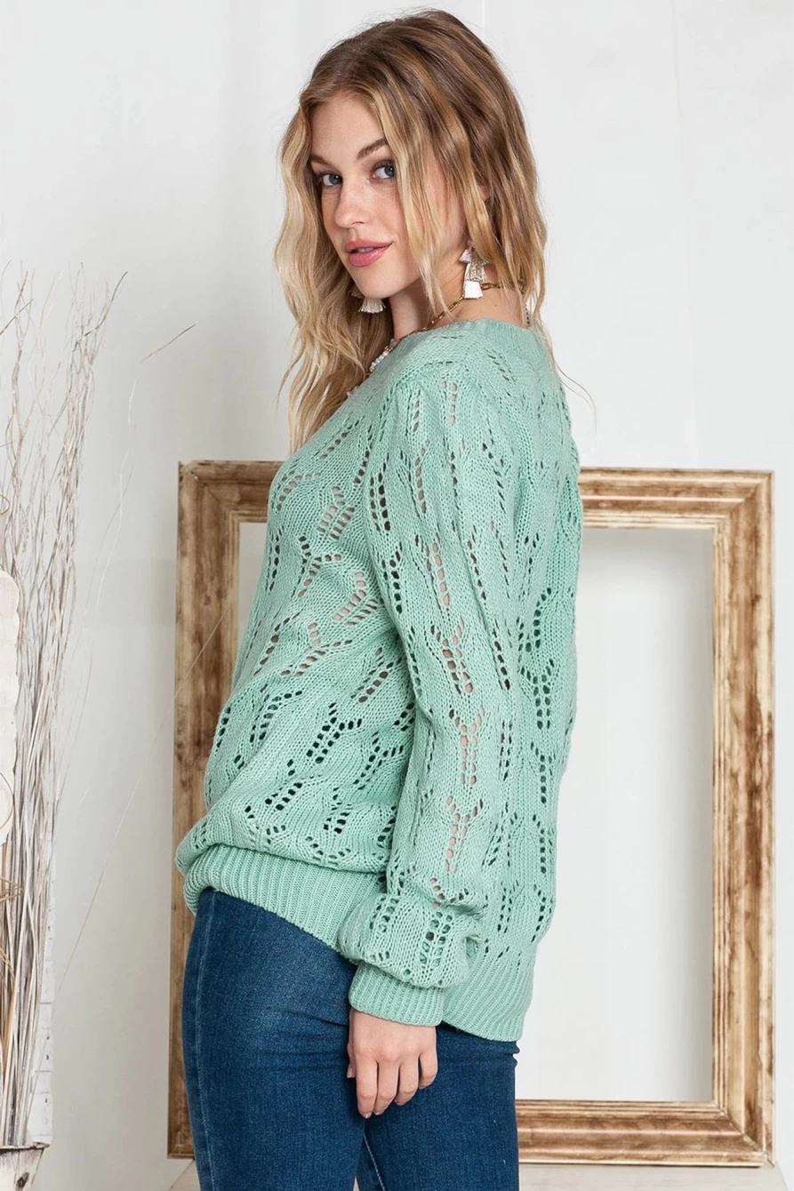 Women's Green Casual Sheer Knit Pointelle Sweater by Shewin