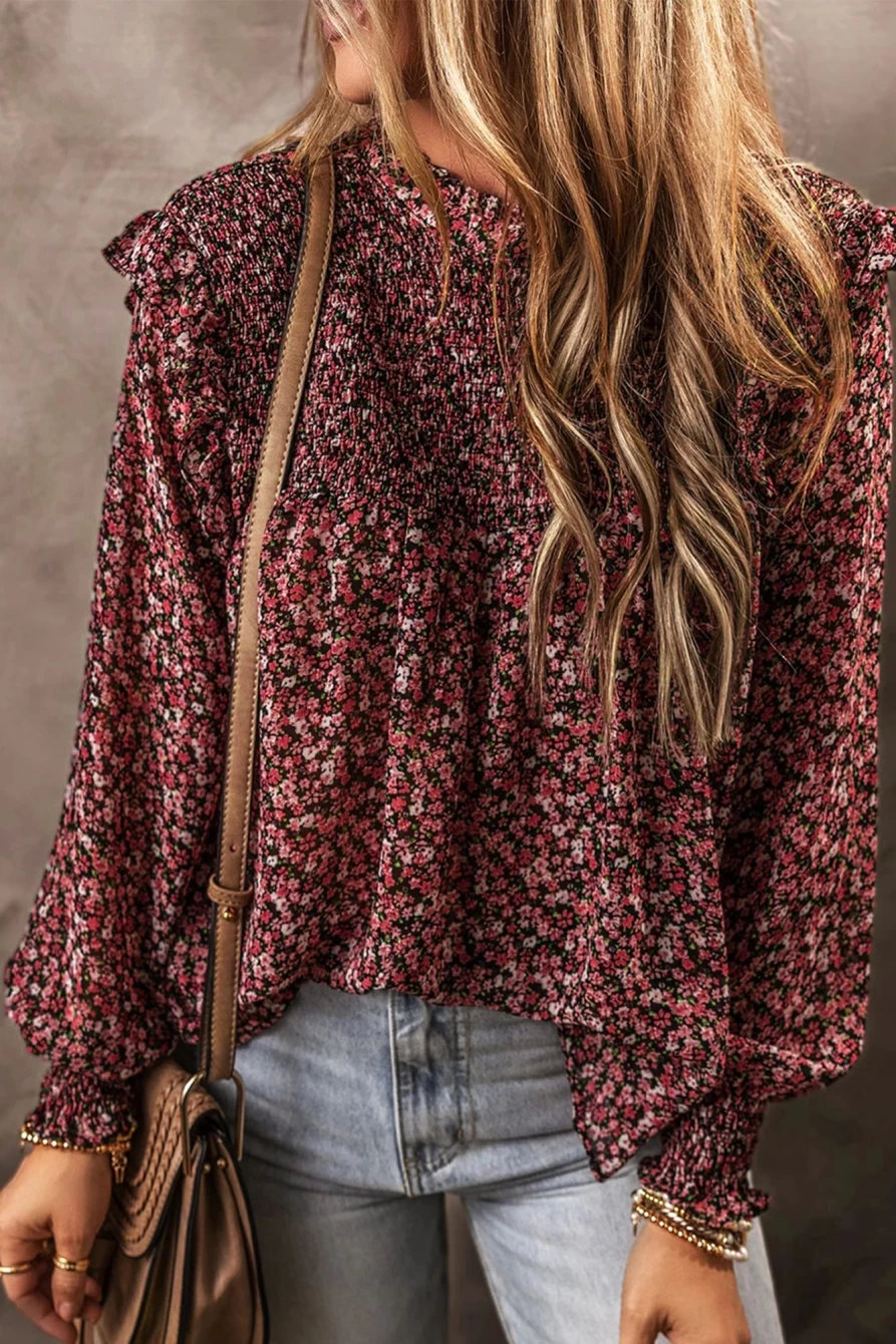 Shewin Women's Red Floral Smocked Ruffle Long Sleeve Blouse Ditsy Print Top