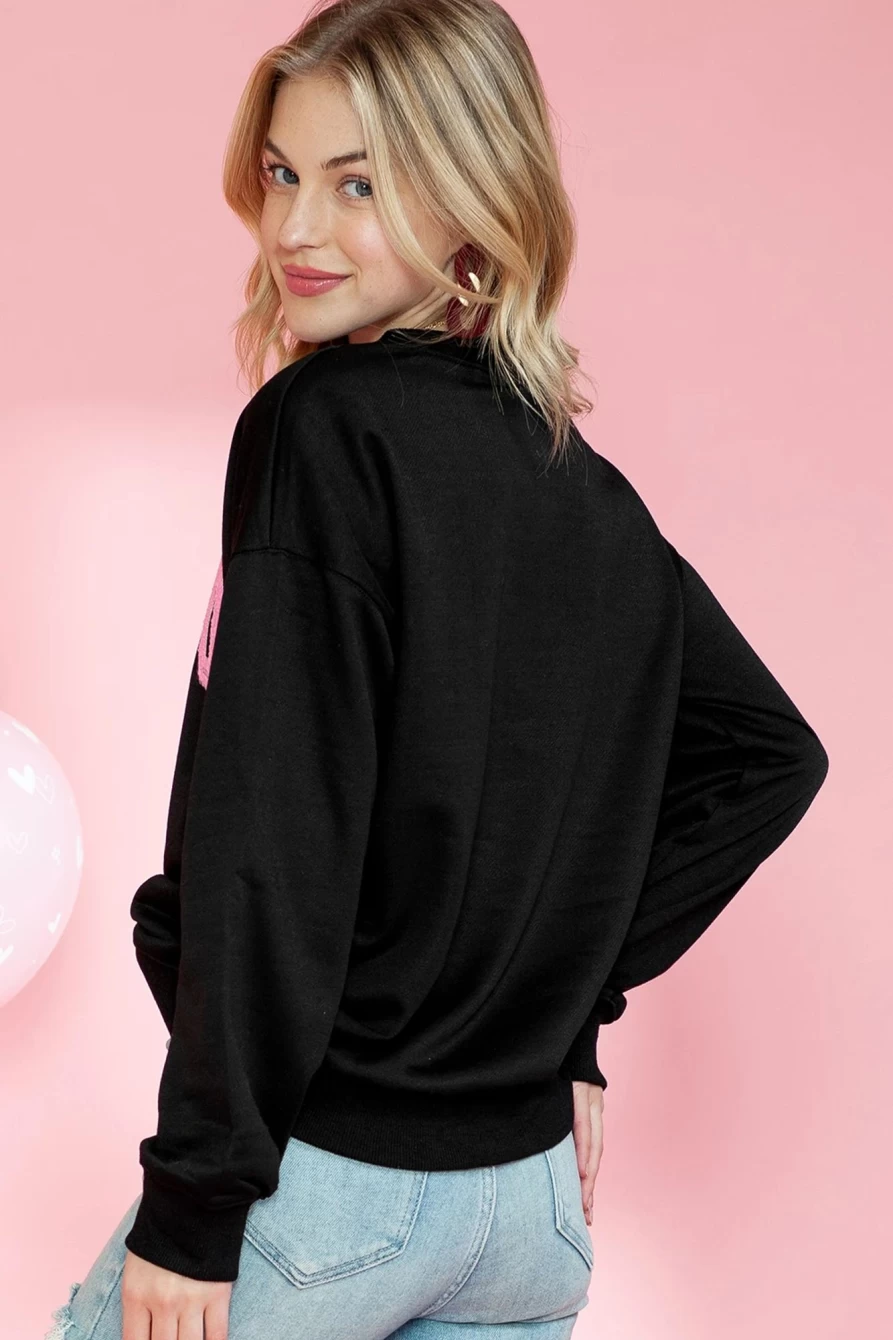 Shewin Women's Black Valentine XOXO Letter Graphic Sweatshirt - Shiny Love Theme Pullover