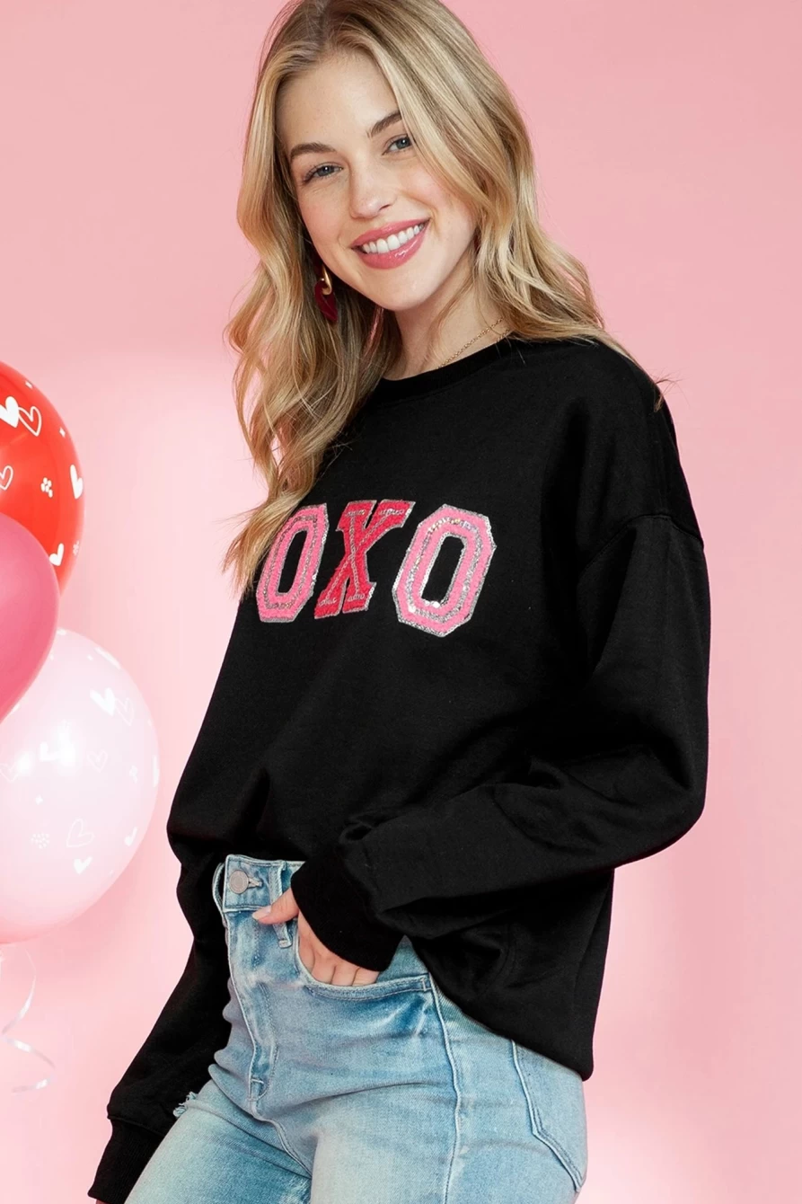 Shewin Women's Black Valentine XOXO Letter Graphic Sweatshirt - Shiny Love Theme Pullover