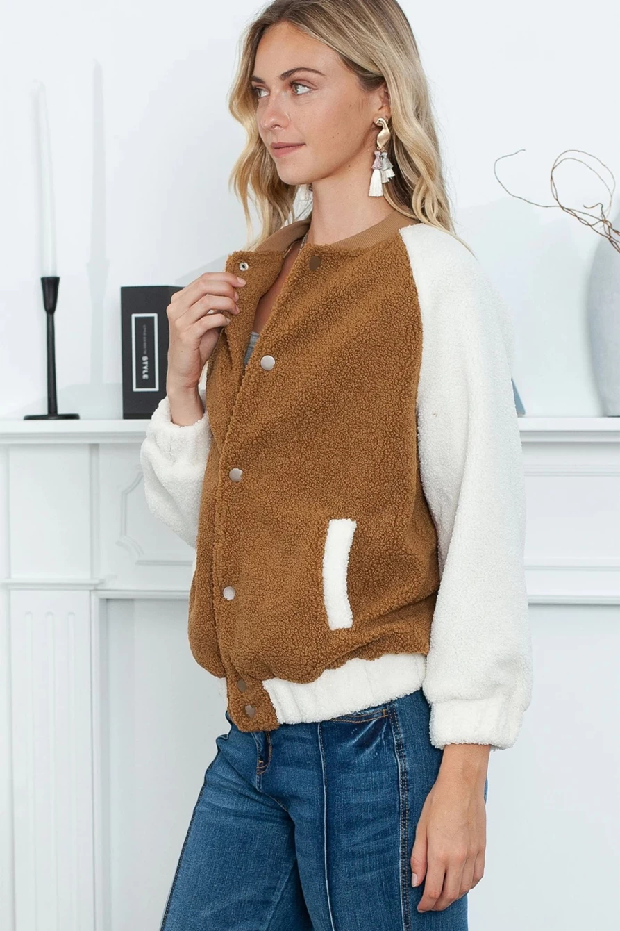 Shewin Women's Brown Contrast Trim Snap Button Sherpa Jacket with White Sleeves