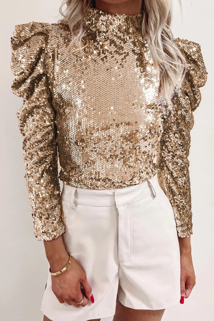 Shewin Women's Apricot Sequin Mock Neck Ruched Puff Sleeve Blouse for Party Wear