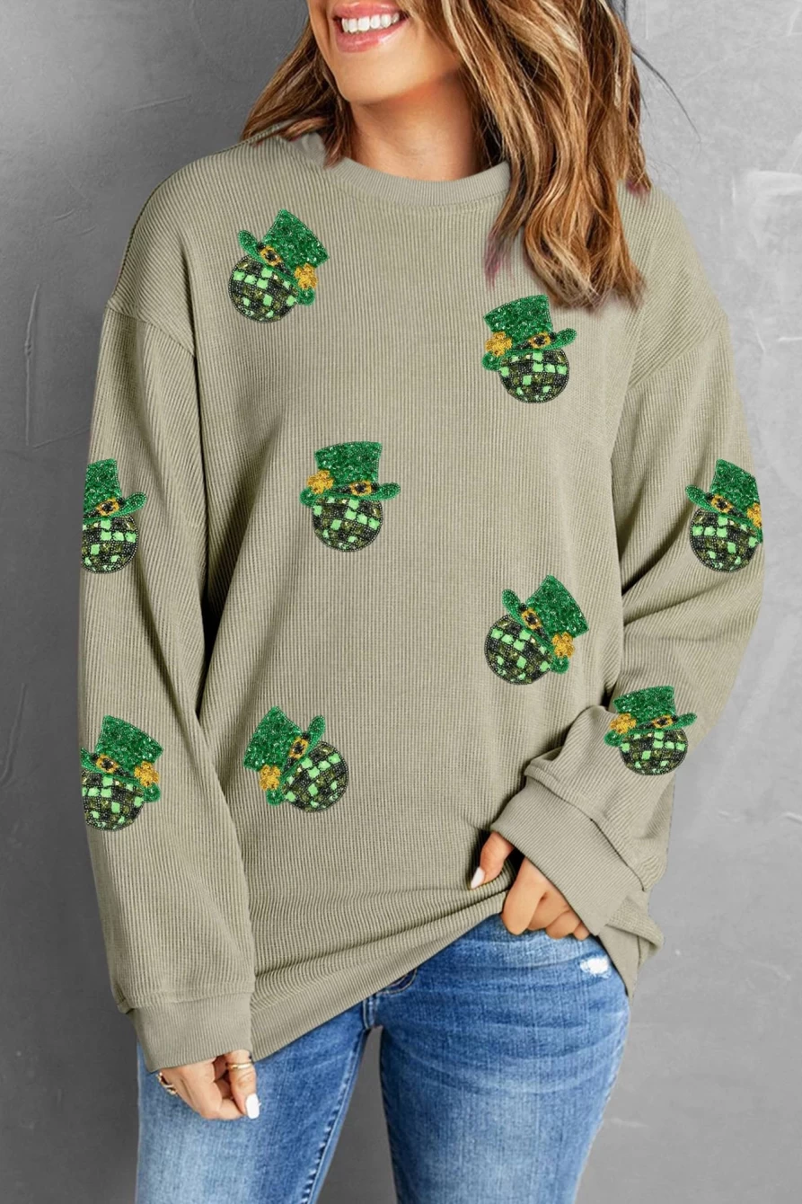 Shewin Women's Green Sequin St Patrick's Day Disco Ball Graphic Sweatshirt