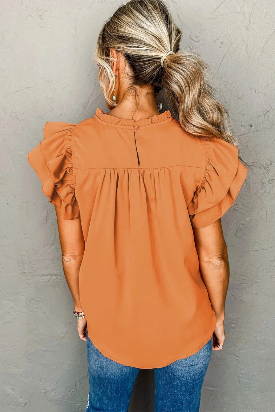 Shewin Women's Grapefruit Orange Ruched Ruffle Neck Blouse - Frilled Feminine Top