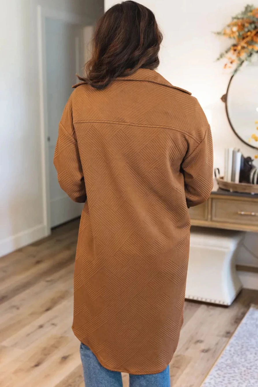 Shewin Women's Chestnut Thermal Textured Long Shacket with Pockets