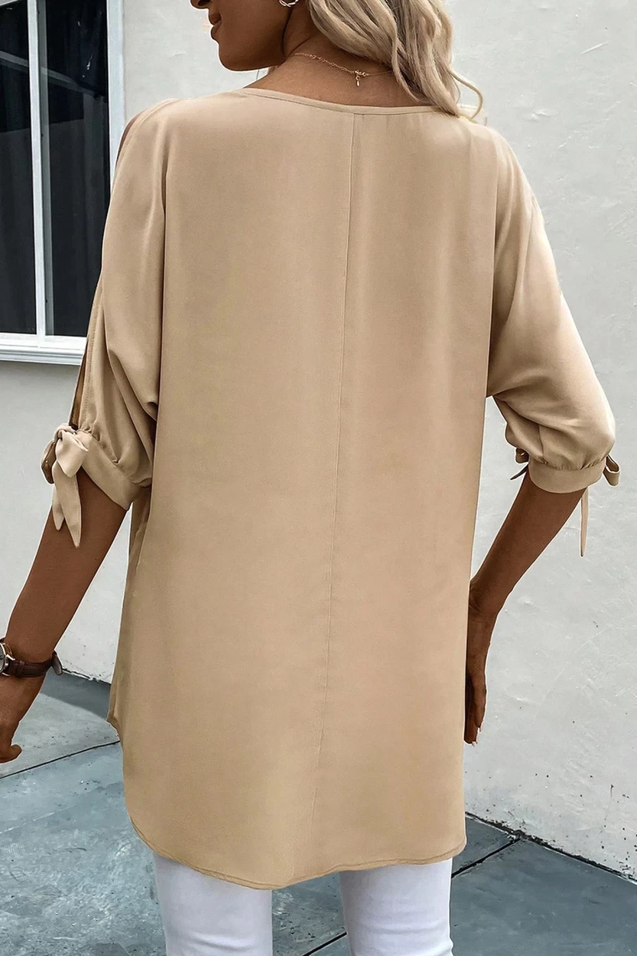 Shewin Women's Parchment Knotted Slit Half Sleeve Tunic Blouse Top