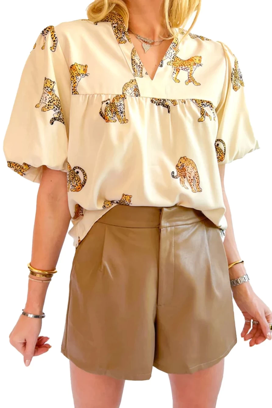 Shewin Women's Apricot Animal Print V-Neck Puff Sleeve Blouse