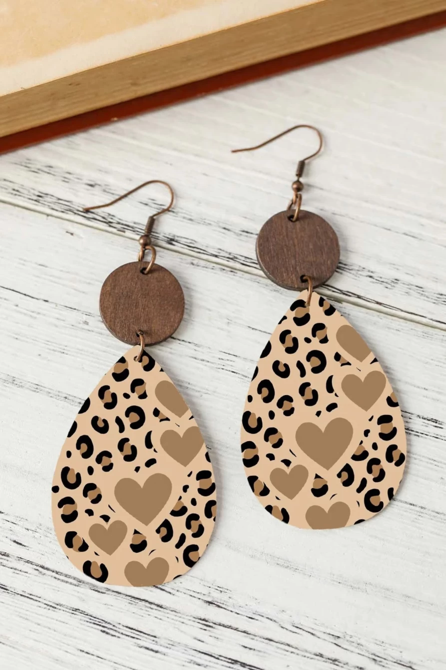 Shewin Flaxen Heart Shaped Leopard Print Drop Earrings for Women