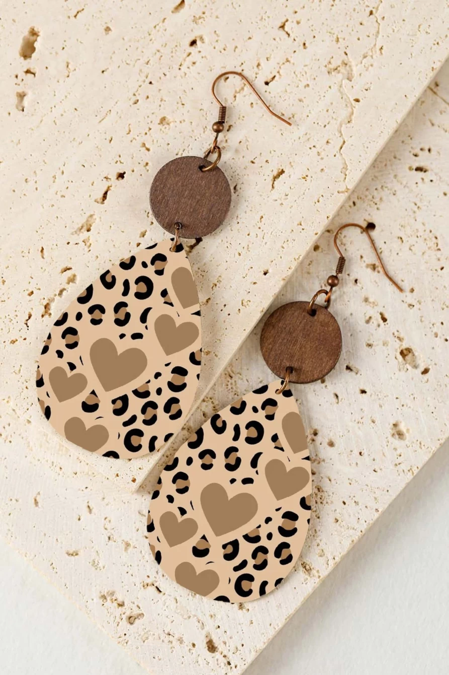 Shewin Flaxen Heart Shaped Leopard Print Drop Earrings for Women