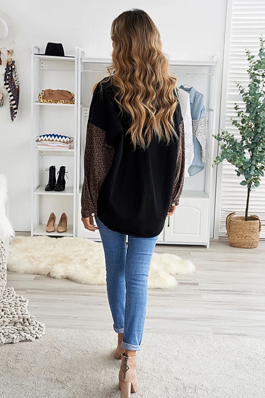 Shewin Women's Black Contrast Leopard Denim Shacket - Stylish Animal Print Jacket