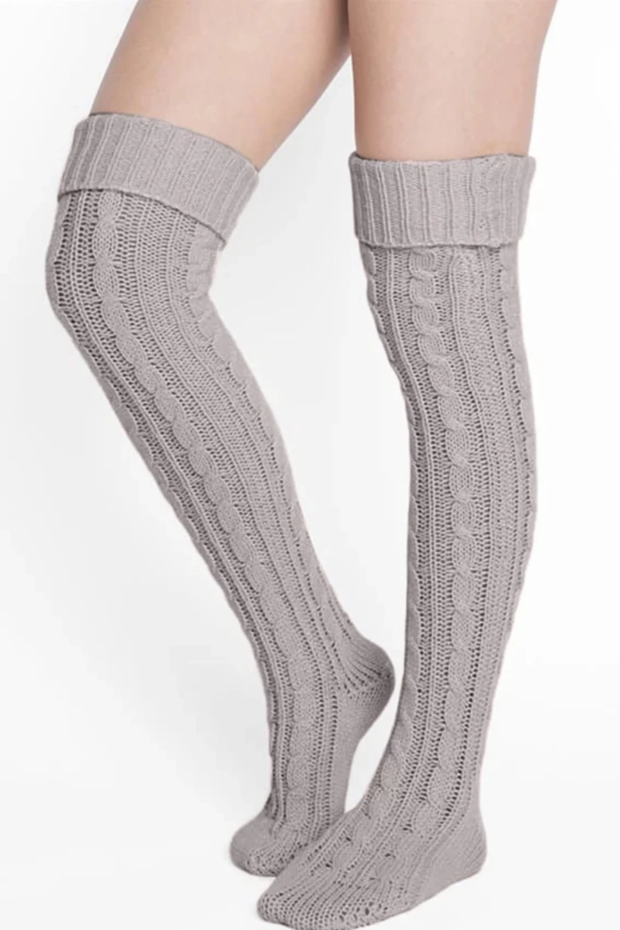 Shewin Women's Medium Grey Cable Knit Thigh High Socks - Warm Winter Boot Toppers
