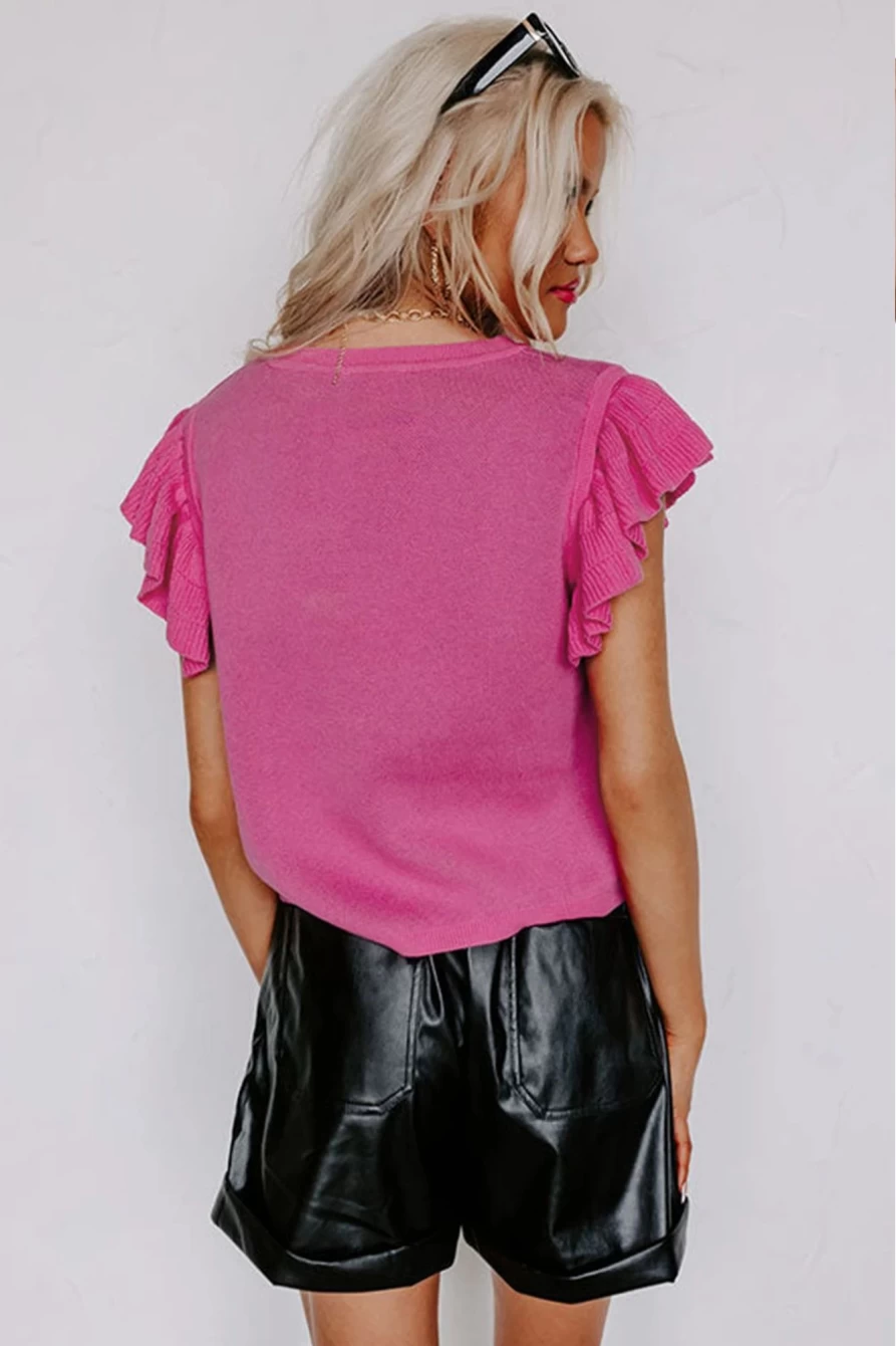 Shewin Women's Pink Leopard Print Ruffled Sleeve Round Neck Knit T-Shirt