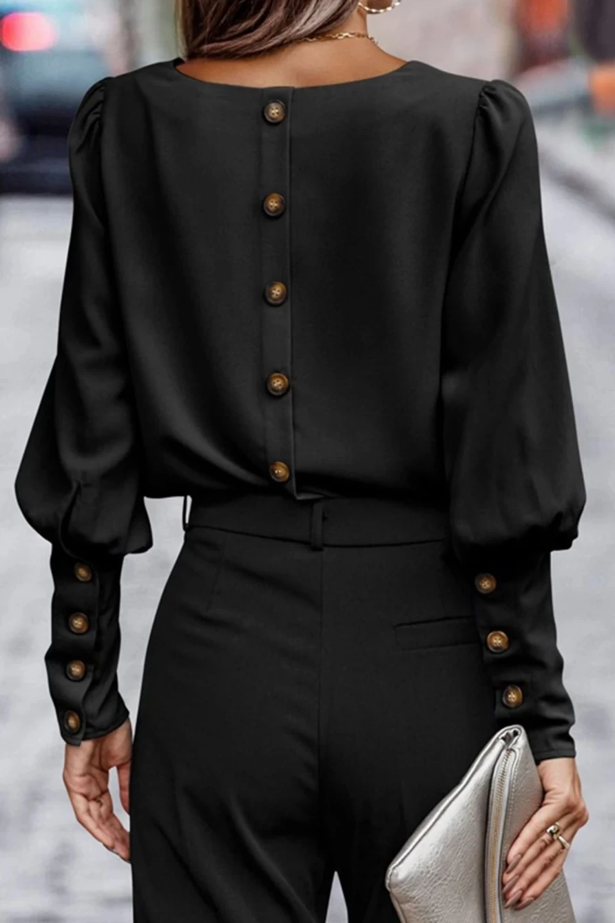 Shewin Women's Black Basic Blouse with Leg-Of-Mutton Sleeves and Round Neck
