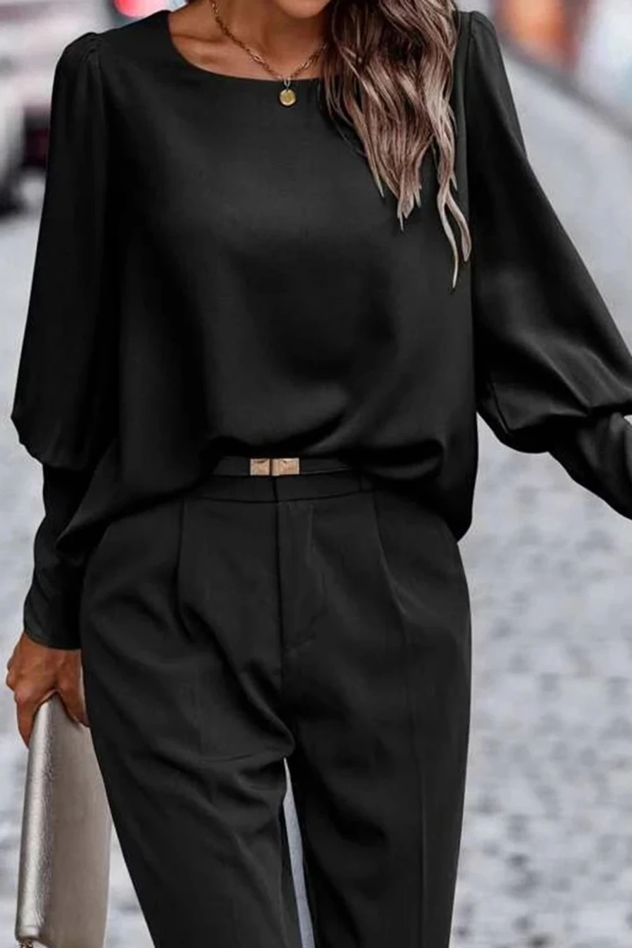Shewin Women's Black Basic Blouse with Leg-Of-Mutton Sleeves and Round Neck