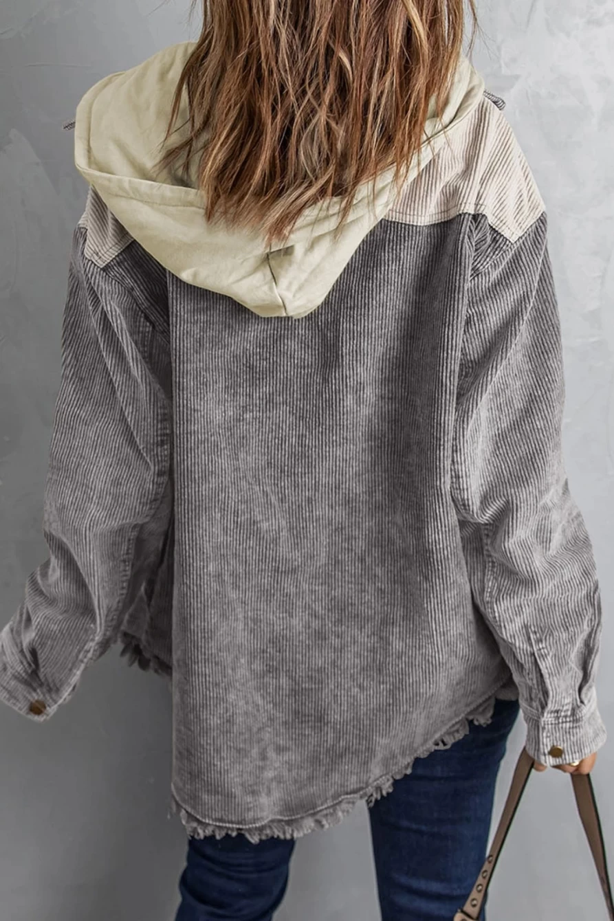 Shewin Women's Gray-2 Colorblock Raw Hem Patchwork Hooded Corduroy Jacket