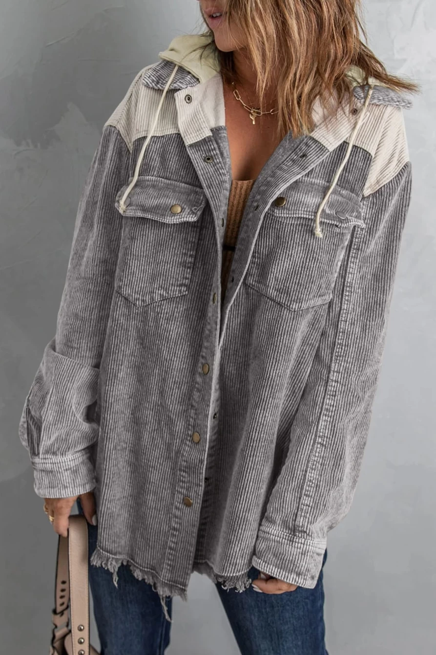 Shewin Women's Gray-2 Colorblock Raw Hem Patchwork Hooded Corduroy Jacket