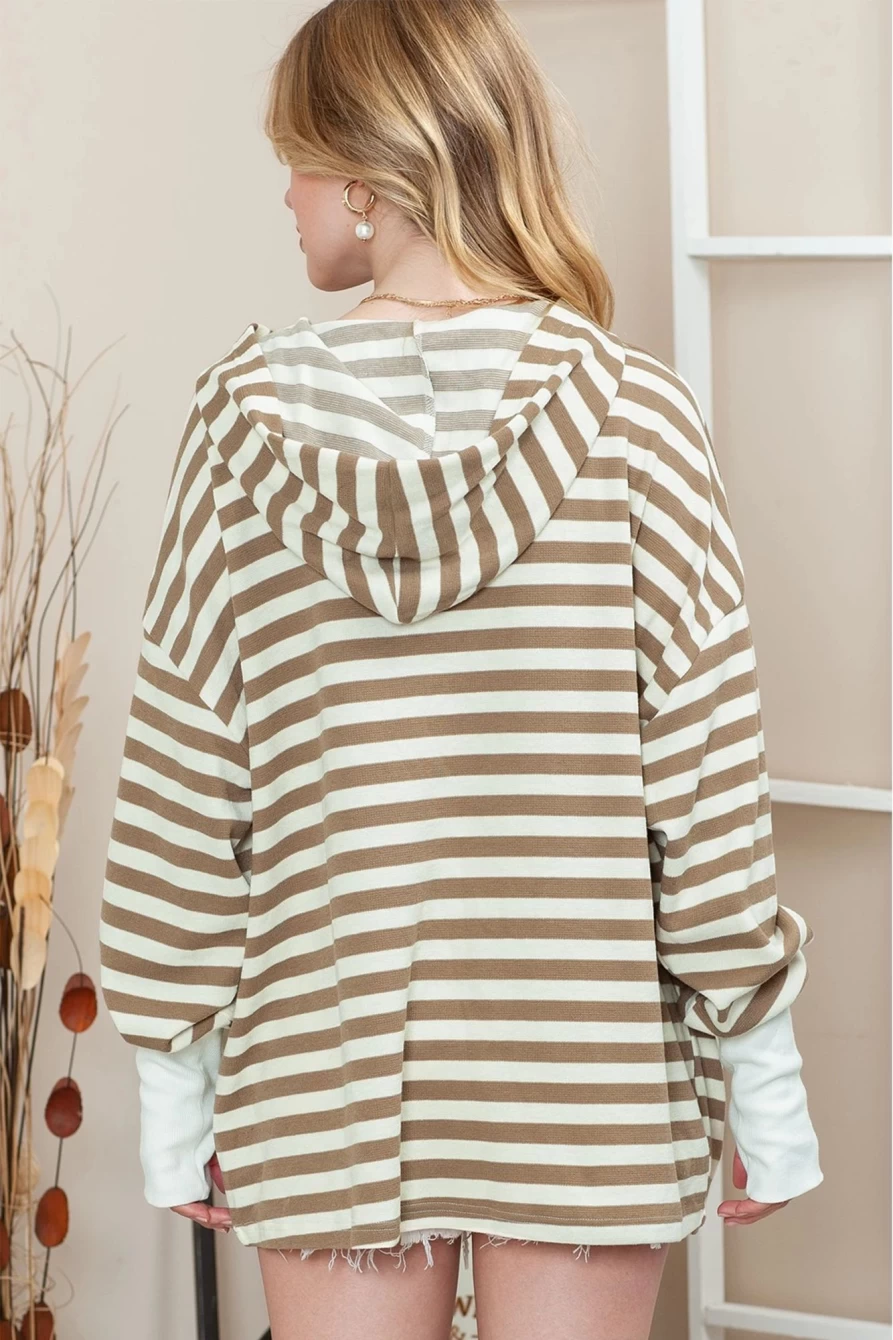 Shewin Women's Khaki Striped Hoodie with Snap Buttons & Thumbhole Long Sleeves