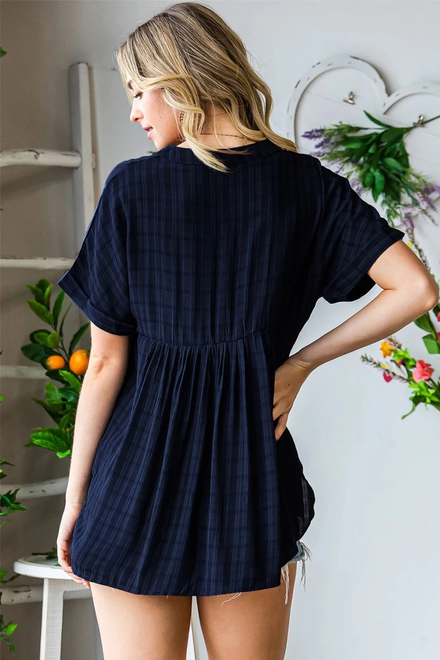 Shewin Women's Blue Casual Plaid Blouse with Back Pleats & Side Split