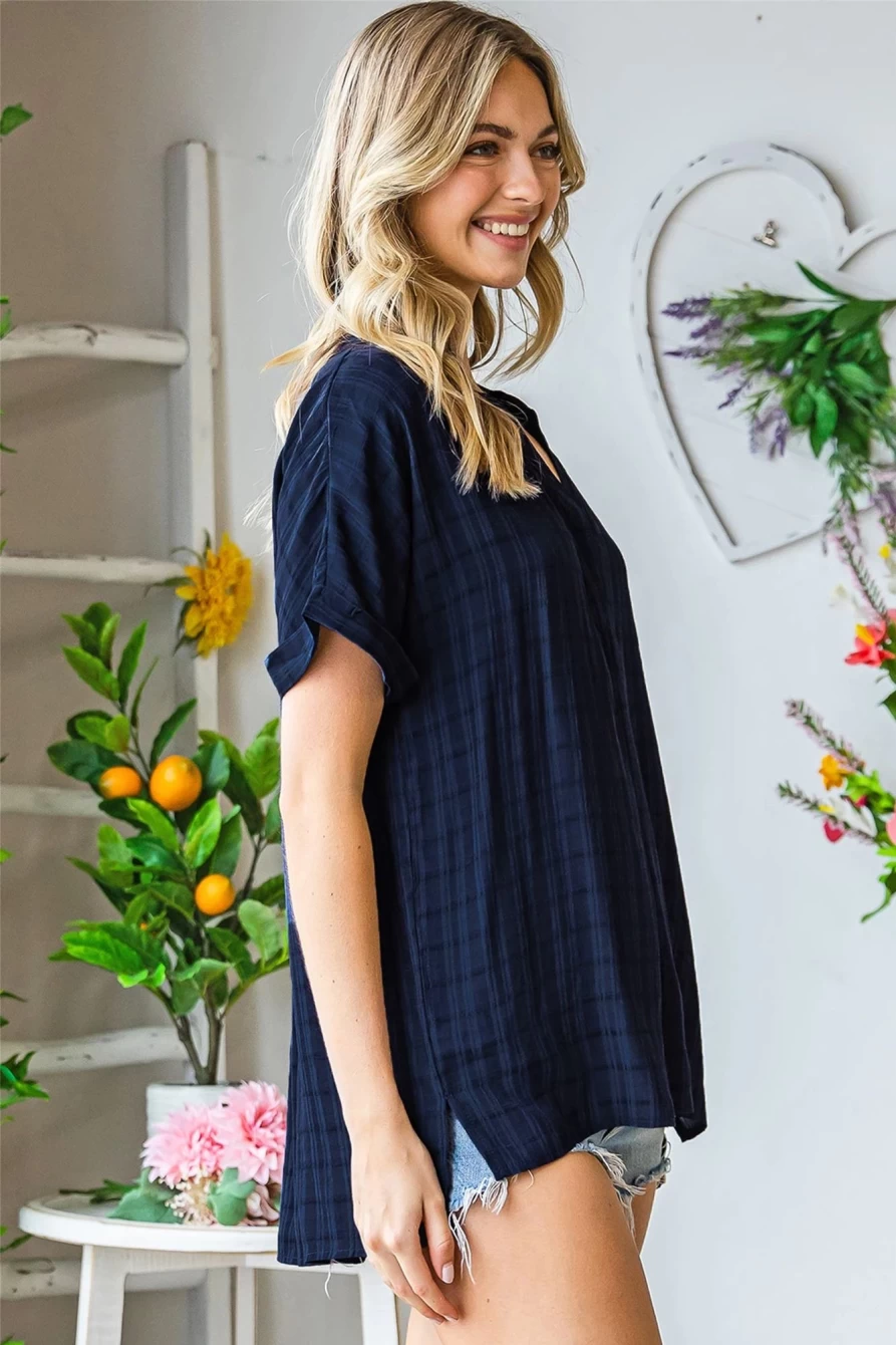 Shewin Women's Blue Casual Plaid Blouse with Back Pleats & Side Split