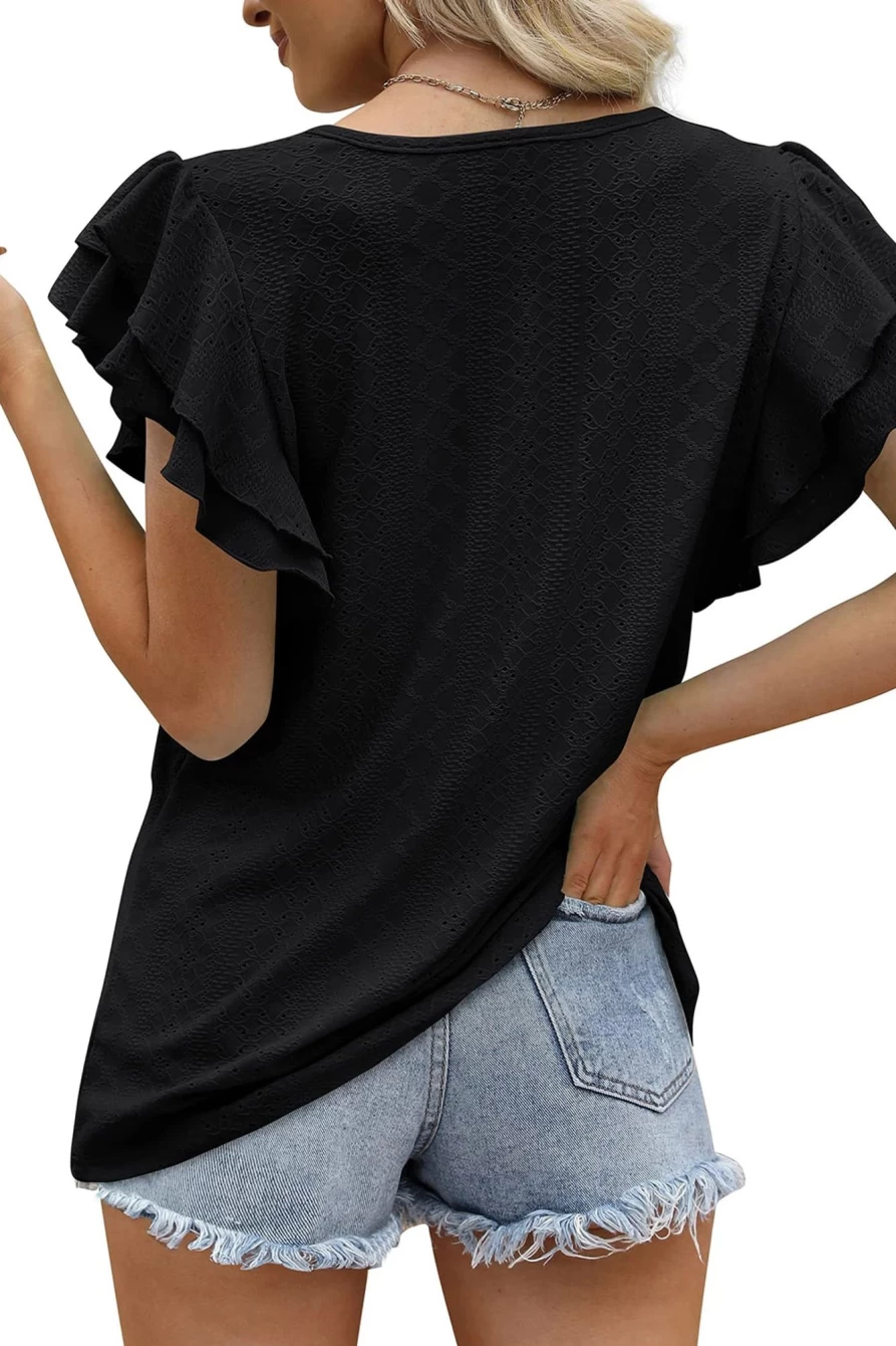 Shewin Women's Black Eyelet Ruffle Sleeve Blouse - Short Sleeve Textured Top