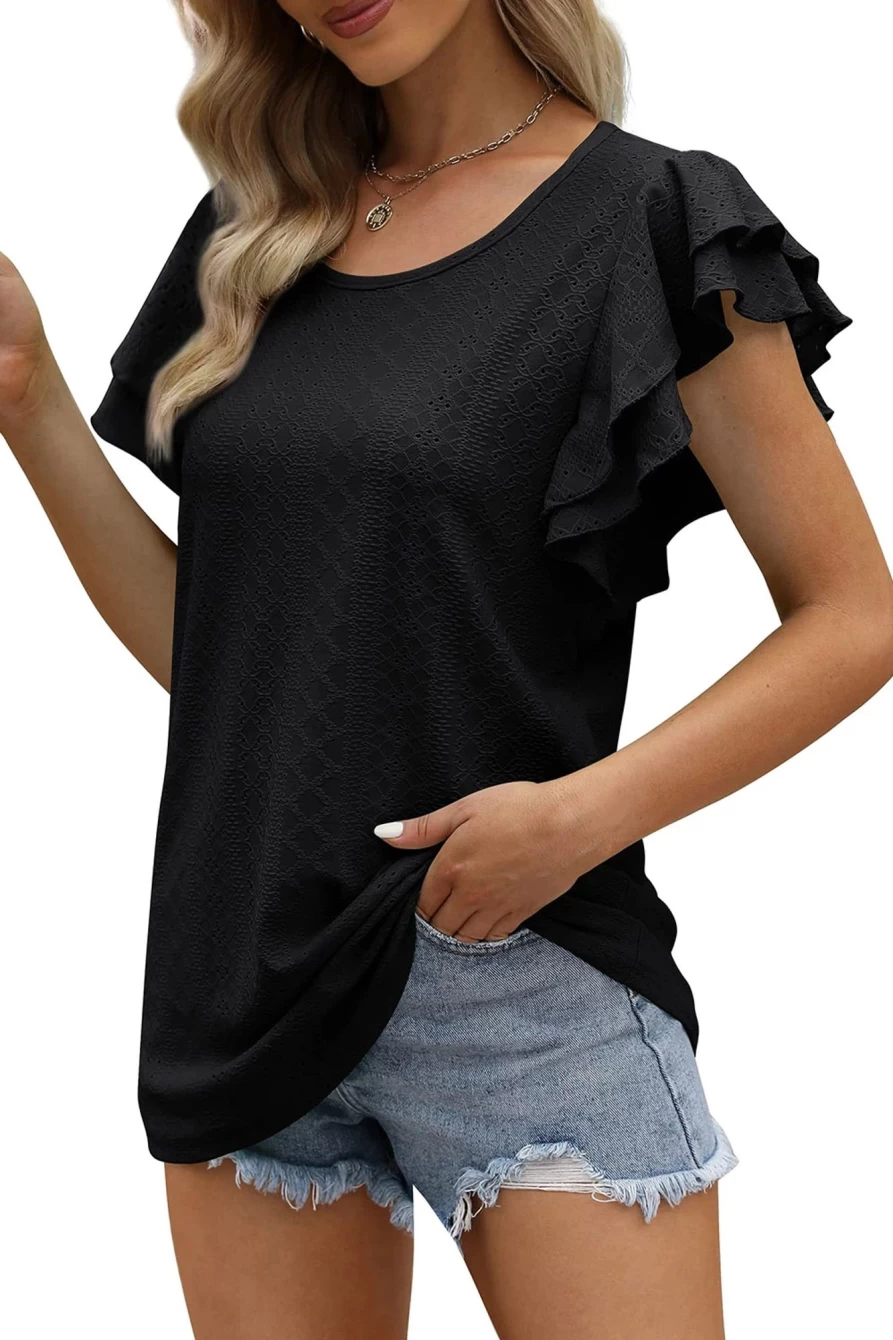 Shewin Women's Black Eyelet Ruffle Sleeve Blouse - Short Sleeve Textured Top
