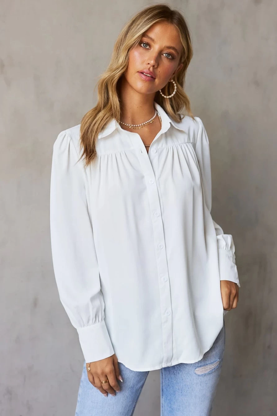 Shewin Women's White Pleated Puff Sleeve Button-Up Shirt - Solid Color Blouse