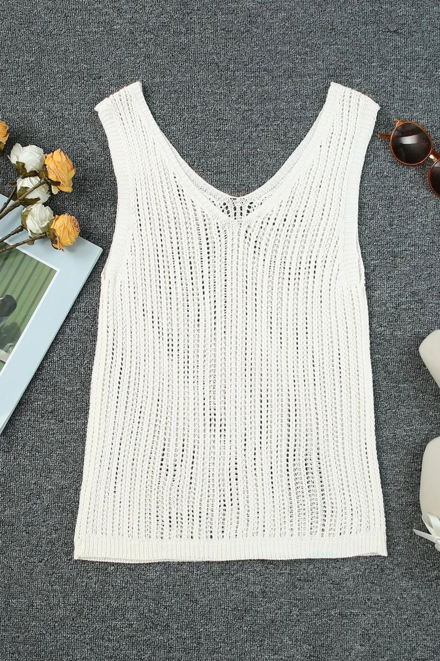 Shewin Women's White Hollowed Knit V-Neck Tank Top - Breathable Summer Lace Crochet Casual Sleeveless Shirt