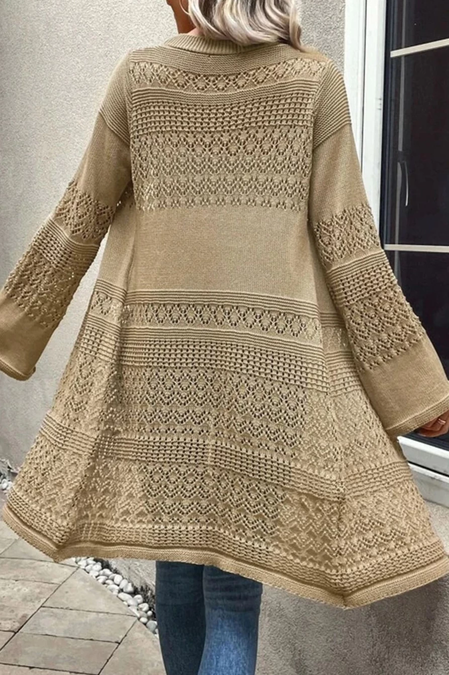 Shewin Women's Khaki Pointelle Knit Long Cardigan Open Front Sweater