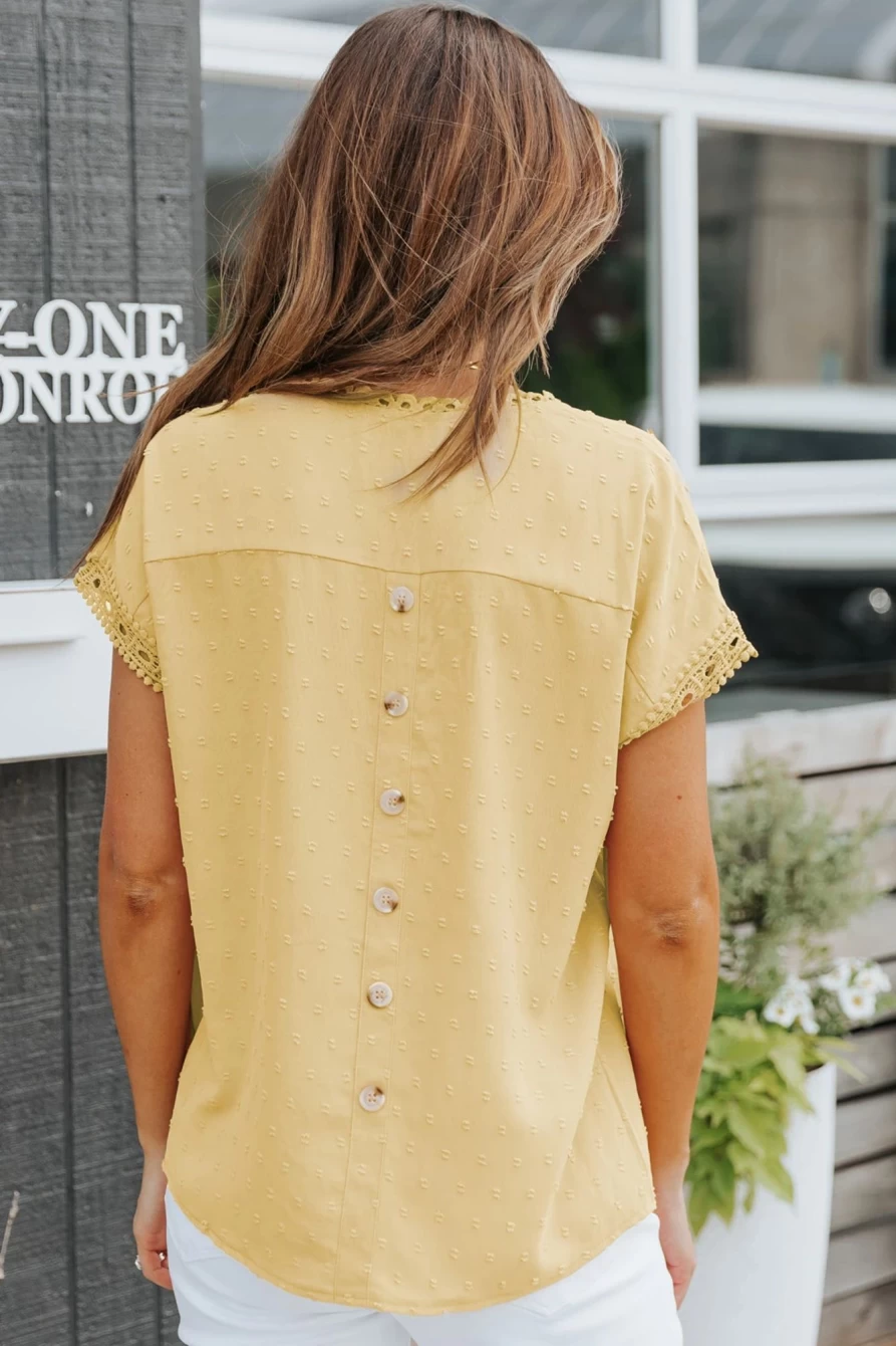"SheWin Women's Yellow Swiss Dot Crochet Summer Top with Eyelet Back & Button Detail"