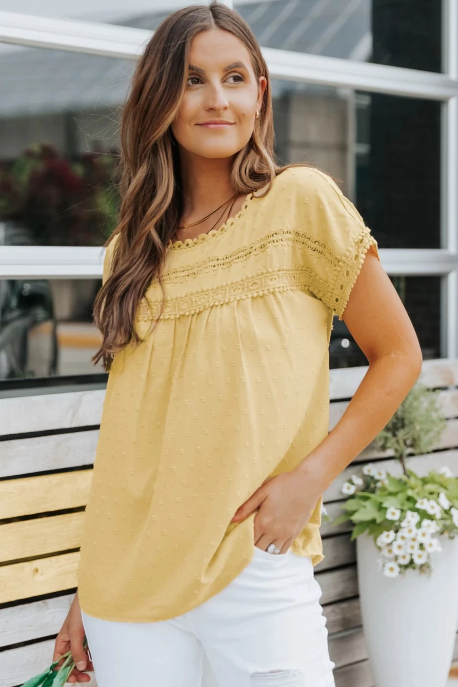 "SheWin Women's Yellow Swiss Dot Crochet Summer Top with Eyelet Back & Button Detail"