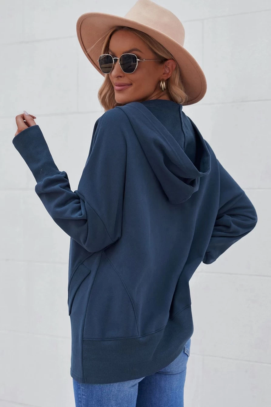 Women's Blue Batwing Sleeve Henley Hoodie with Snap Buttons & Pocket - SHEWIN
