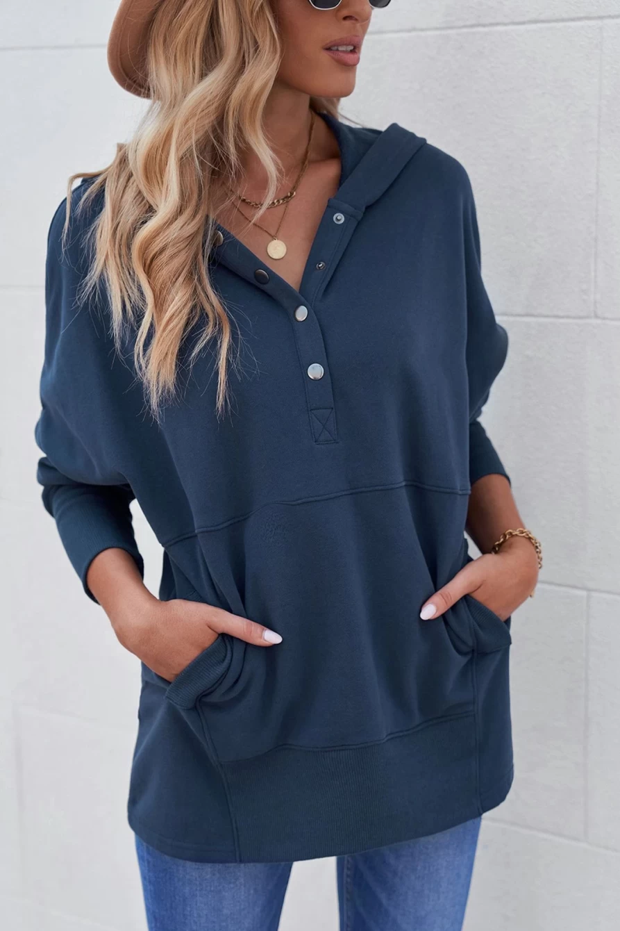 Women's Blue Batwing Sleeve Henley Hoodie with Snap Buttons & Pocket - SHEWIN