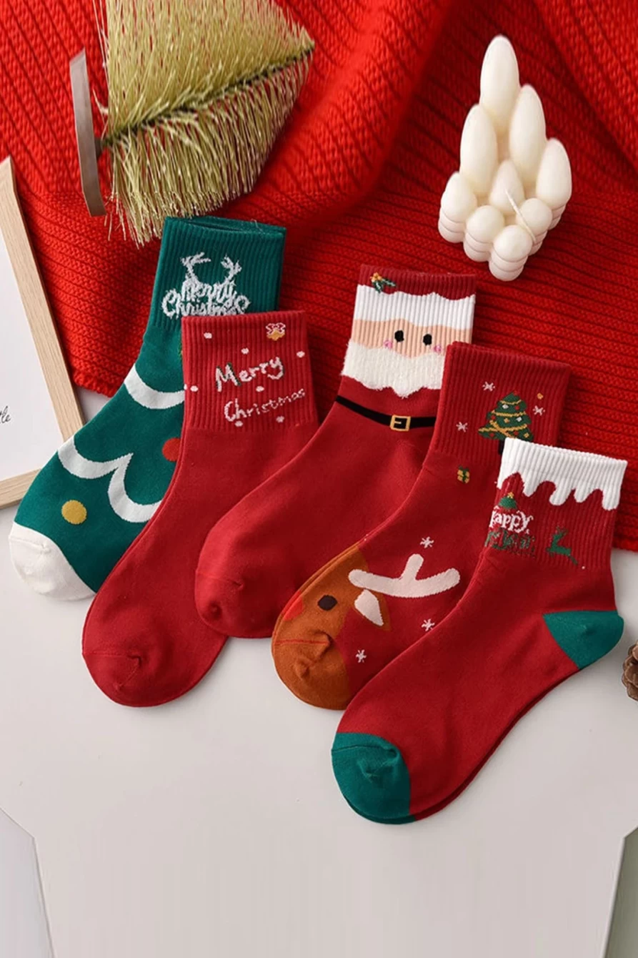 Shewin Women's Fiery Red Christmas Cartoon Print Socks - 5Pcs Festive Holiday Socks