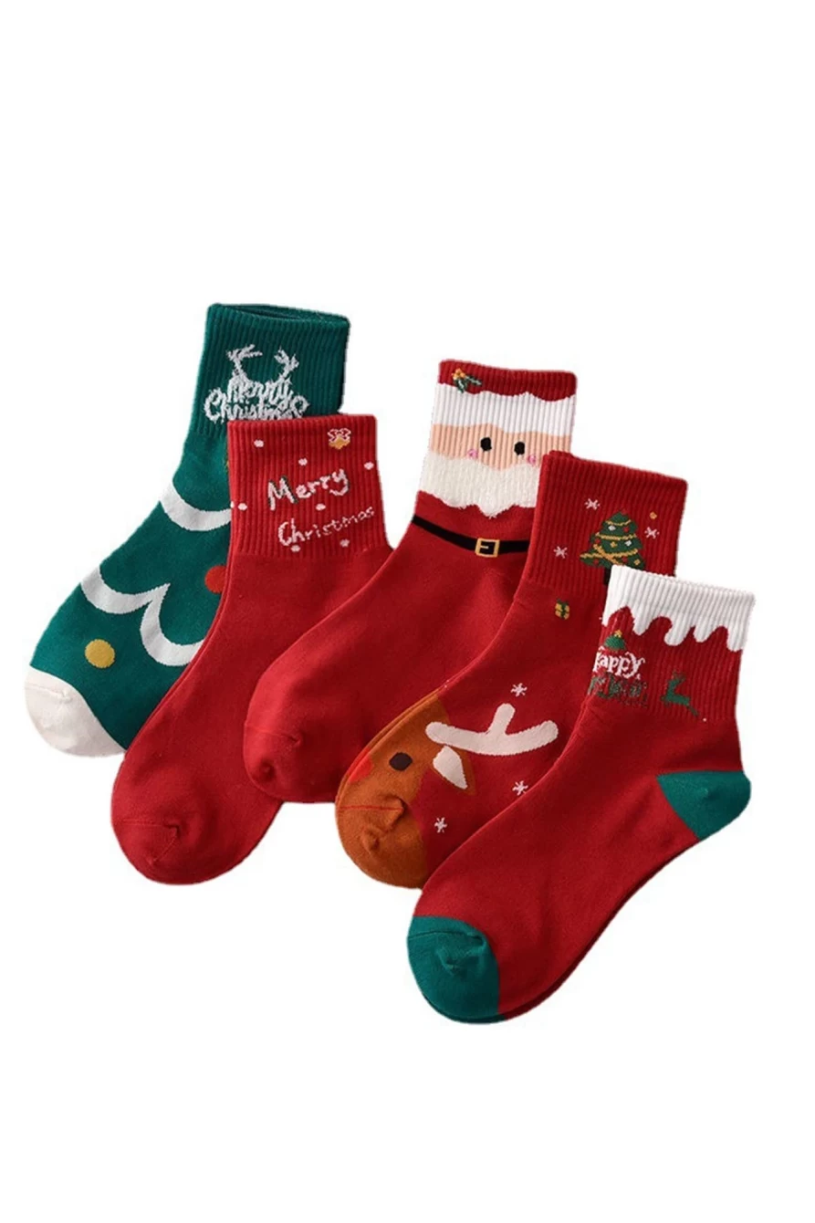 Shewin Women's Fiery Red Christmas Cartoon Print Socks - 5Pcs Festive Holiday Socks
