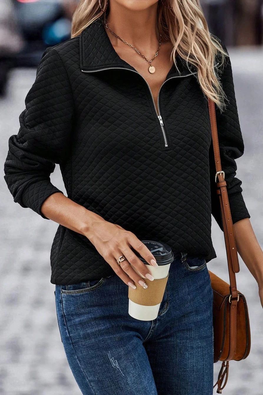 Shewin Women's Black Quilted Half-Zip Pullover Sweatshirt Solid Color Casual Top